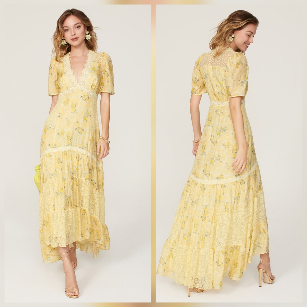 LoveShackFancy Yellow Floral Lace-Trim Maxi Dress